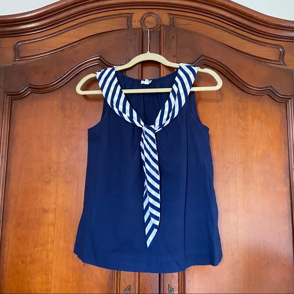 Odille Anthropologie Navy Stripe Sailor Tank with Silk Tie Collar